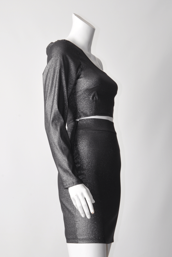 Ergü Kadın Füme Jakarlı Yüksek Bel Etek Tek Kollu Asimetrik Body Takım Ergü1511-3 - 2