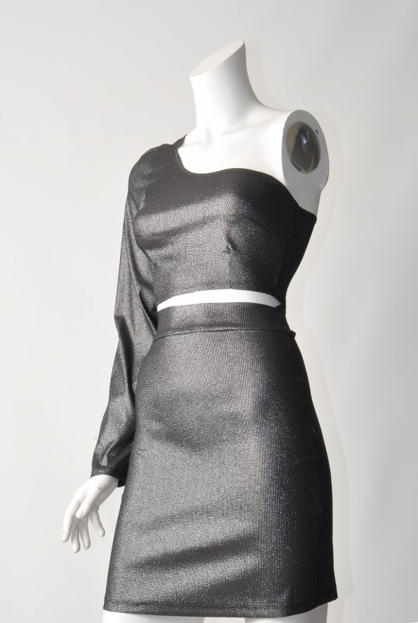 Ergü Kadın Füme Jakarlı Yüksek Bel Etek Tek Kollu Asimetrik Body Takım Ergü1511-3 - 4