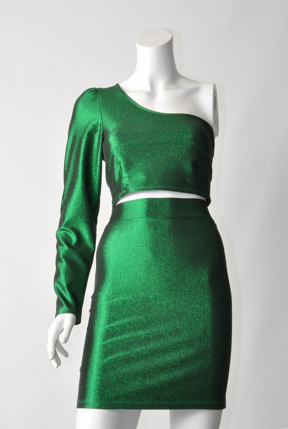 Ergü Kadın Yeşil Jakarlı Yüksek Bel Etek Tek Kollu Asimetrik Body Takım Ergü1511-2 - 3