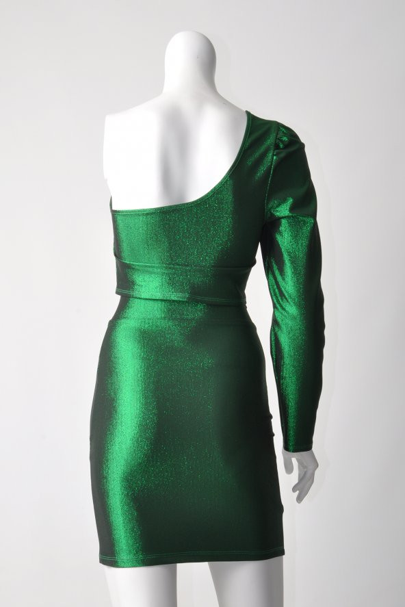 Ergü Kadın Yeşil Jakarlı Yüksek Bel Etek Tek Kollu Asimetrik Body Takım Ergü1511-2 - 4