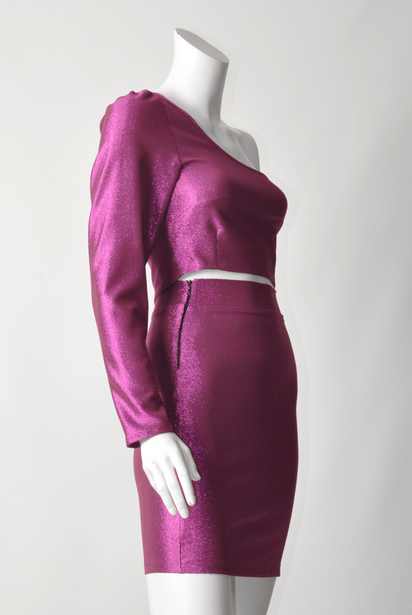 Ergü Kadın Fuşya Jakarlı Yüksek Bel Etek Tek Kollu Asimetrik Body Takım Ergü1511-1 - 4