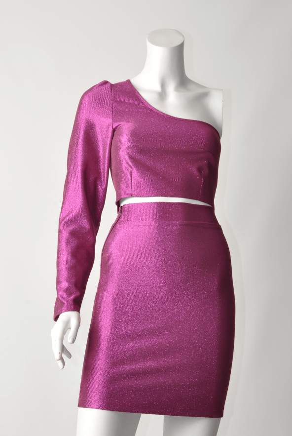 Ergü Kadın Fuşya Jakarlı Yüksek Bel Etek Tek Kollu Asimetrik Body Takım Ergü1511-1 - 5