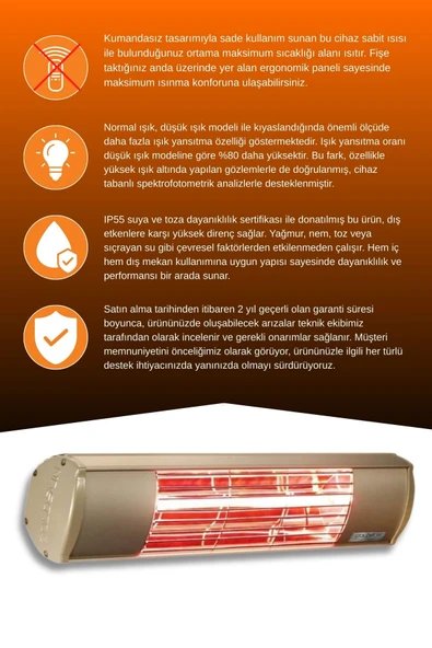 Goldsun Aqua 1500 Watt GSA15 Kumandasız Suya Dayanıklı Elektrikli İnfrared Isıtıcı-Bej - Resim 3
