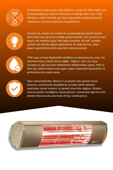 Goldsun Aqua 2000 Watt GSA20 Kumandasız Suya Dayanıklı Elektrikli İnfrared Isıtıcı-Bej - Resim 3