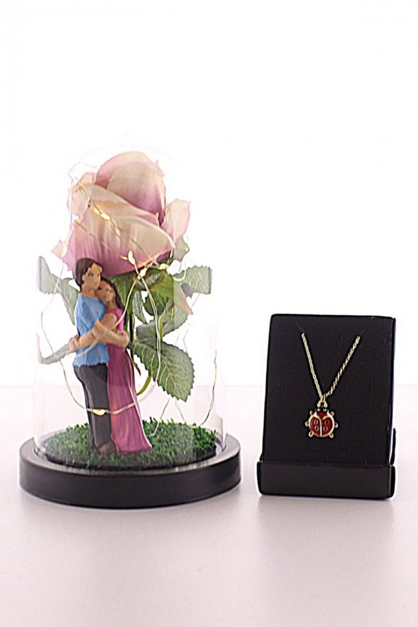 Pembe Gül Altında Sarılan Aşıklar Temalı Led Işıklı Fanus ve Kolye Set - 2