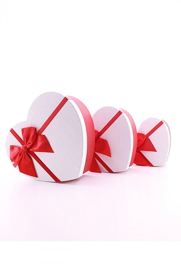 3 Lü Set Kalp Şeklinde Kurdeleli Karton Kutu Beyaz - Kırmızı  3 Adet Kalp Kutu - 4