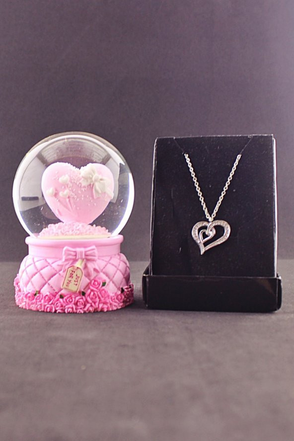 Sevgiliye Pembe Kalp Kar Küresi Işıklı 9 cm ve Zirkon Taş Kolye Set