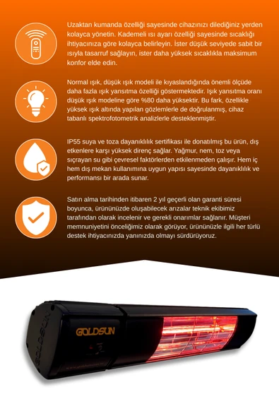 Goldsun Aqua Plus 2000 Watt GSA20P Kumandalı Suya Dayanıklı Elektrikli İnfrared Isıtıcı-Siyah - Resim 3