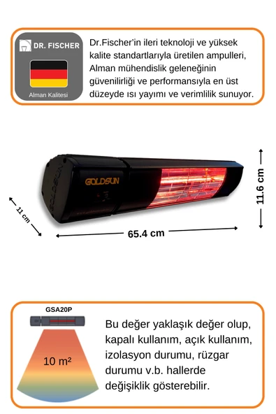 Goldsun Aqua Plus 2000 Watt GSA20P Kumandalı Suya Dayanıklı Elektrikli İnfrared Isıtıcı-Siyah - Resim 4