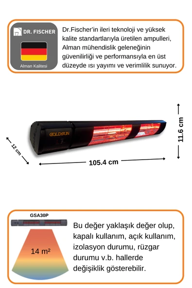Goldsun Aqua Plus 3000 Watt GSA30P Kumandalı Suya Dayanıklı Elektrikli İnfrared Isıtıcı-Siyah - Resim 4