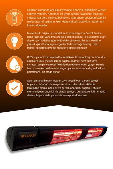 Goldsun Aqua Plus 3000 Watt GSA30P Kumandalı Suya Dayanıklı Elektrikli İnfrared Isıtıcı-Siyah - Resim 3