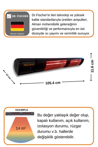 Goldsun Aqua Plus 3000 Watt GSA30PLG Düşük Işıklı Kumandalı Suya Dayanıklı Elektrikli İnfrared Isıtıcı-Siyah - Resim 4