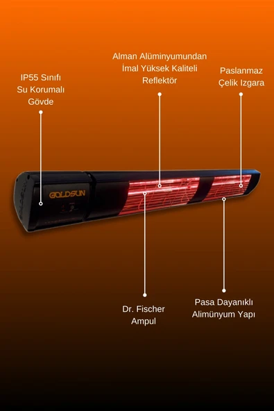 Goldsun Aqua Plus 3000 Watt GSA30PLG Düşük Işıklı Kumandalı Suya Dayanıklı Elektrikli İnfrared Isıtıcı-Siyah - Resim 5