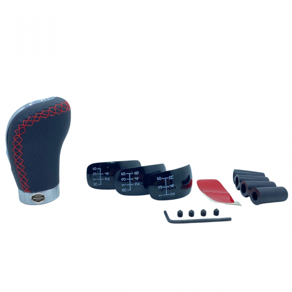 Üniversal Kırmızı Dikişli Deri Spor Görünümlü Vites Topuzu Değişen Kapaklı Aparatlı Manuel Vites Kolu - 2