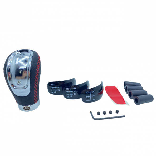 Üniversal Kırmızı Dikişli Deri Spor Görünümlü Vites Topuzu Değişen Kapaklı Aparatlı Manuel Vites Kolu - 3