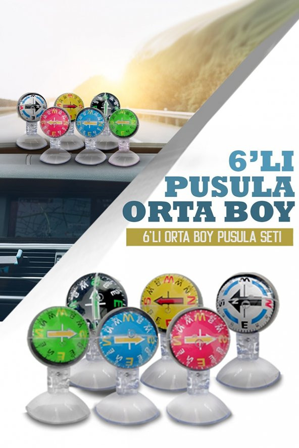 ŞüsCarOto Araç İçi Vantuzlu Pusula Seti Orta Boy 6lı Ayarlı Nostalji Renkli