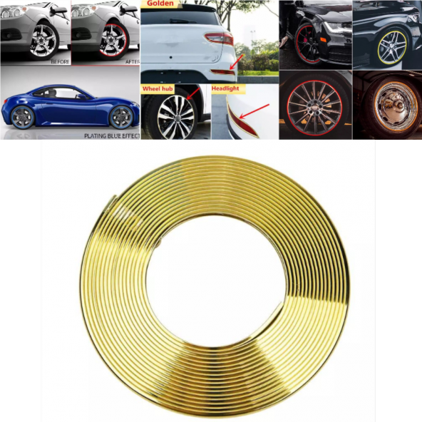 Araç Araba Oto Jant Fitili Metal Görünümlü Lastik Jant Trim Bandı Jant Şeriti 8 Metre Gold