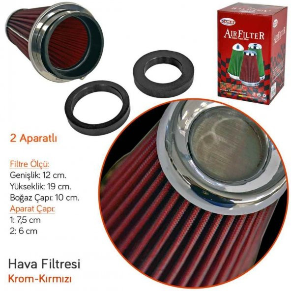 Carub Ses & Performans Arttırıcı Açık Hava Filtresi Uzun Tip Kırmızı +6 Hp Aparatlı Üniversal - 3