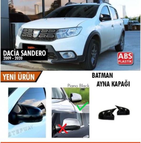 Dacia Sandero 2009-2020 Batman Yarasa Ayna Kapağı Piano Black ABS Plastik