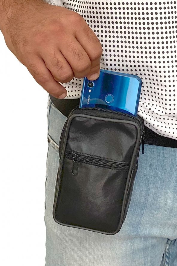 Deri Telefon Bölmeli Kemer Çantası 3 Bölmeli Dikey