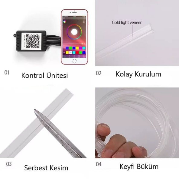 Araç İçi App Kontrollü RGB Atmosfer Ambiyans Led Neon Lamba 5 Parça 6 Metre - Resim 6
