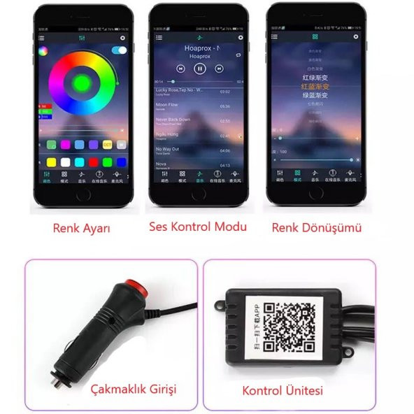 Araç İçi App Kontrollü RGB Atmosfer Ambiyans Led Neon Lamba 5 Parça 6 Metre - Resim 7