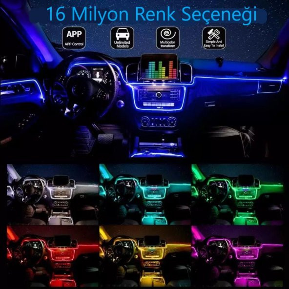 Araç İçi App Kontrollü RGB Atmosfer Ambiyans Led Neon Lamba 5 Parça 6 Metre - Resim 12