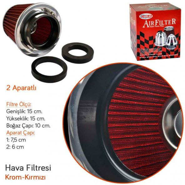 Carub Ses ve Performans Arttırıcı Açık Hava Filtresi +6 Hp Kırmızı Aparatlı Üniversal - 3