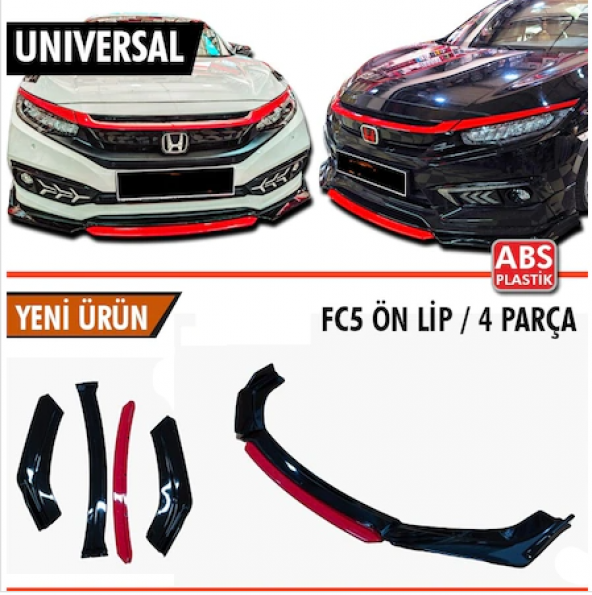 Üniversal Esnek 4 Parça Kırmızı Dilli Lip Piano Black Flaplı Kanatlı ABS Plastik - 1