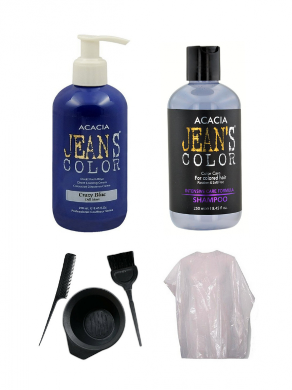 Acacia Jeans Color Deli Mavi Saç Boyası + Boya Koruyucu Şampuan 250 Ml. ve Uygulama Malzemeleri