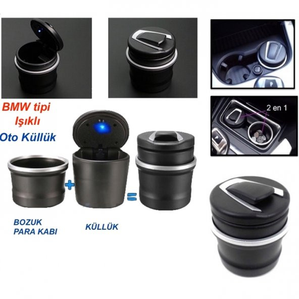 BMW Tip Bardaklıklı Mavi Led Işıklı Spor Oto Araç İçi Küllük - 6
