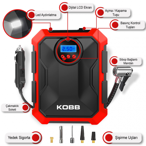 KOBB KB200 12Volt 150 PSI Ayarlanabilir Dijital Basınç Göstergeli Hava Lastik Şişirme Pompası - 10