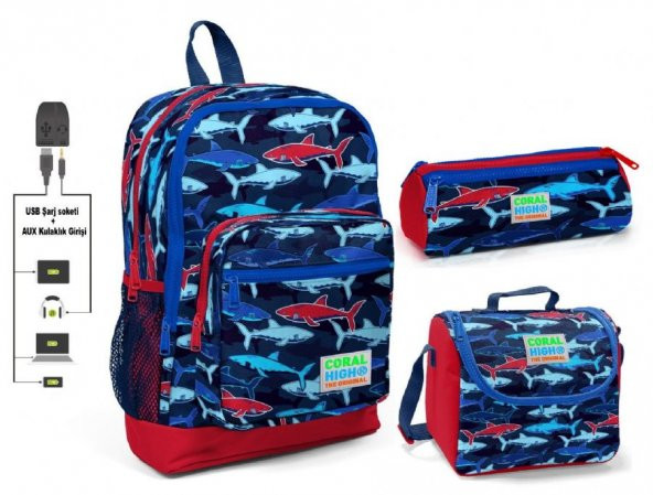 Coral High Mavi Köpekbalığı Baskılı Erkek Çocuk İlkokul Çanta Seti - USB Çıkışlı