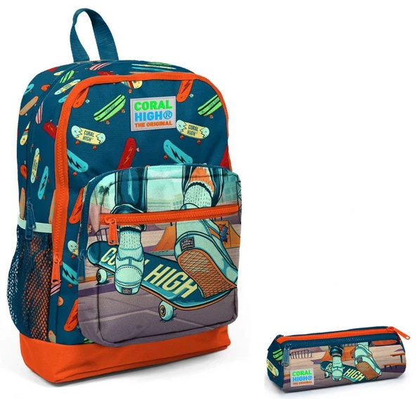 Coral High İlkokul Sırt Çantası ve Kalemlik Seti - Kaykay Baskılı ürün görseli