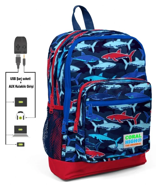 Coral High Mavi Köpekbalığı Baskılı Okul Çantası ve Beslenme Çantası Seti - Erkek Çocuk - USB Soketli - Resim 2