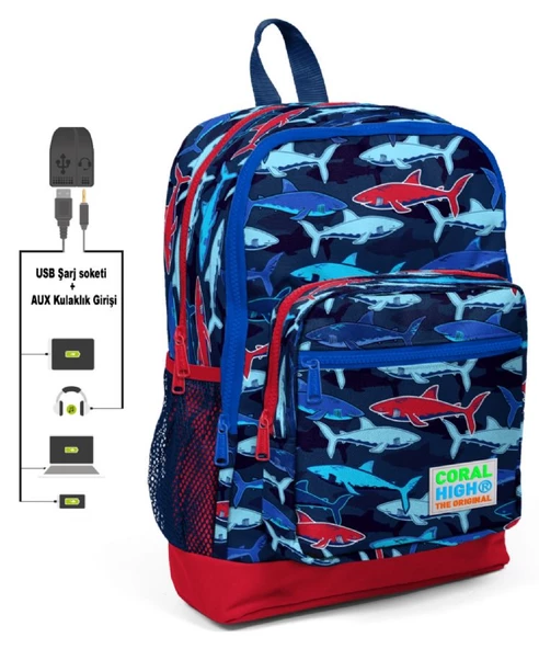 Coral High Mavi-Kırmızı Köpekbalığı Baskılı İlkokul ve Günlük Sırt Çantası - Erkek Çocuk - USB ve AUX Soketli ürün görseli