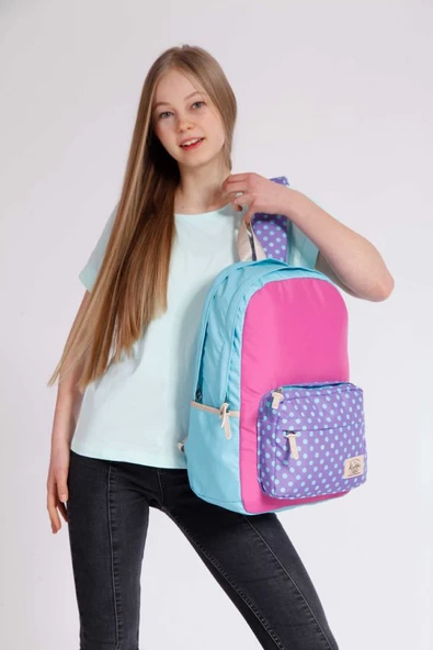 Kaukko 3 Colors Turkuaaz - Mor Puantiyeli Okul ve Günlük Sırt Çantası - 4