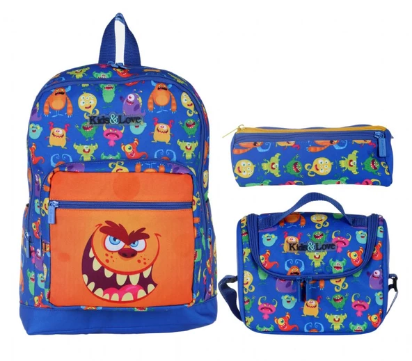 Kaukko Kids&Love Mavi Sevimli Canavarlar İlkokul Çanta Seti - Erkek Çocuk