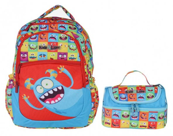 Kaukko Kids&Love Kırmızı Sevimli Canavarlar İlkokul Çanta ve Beslenme Seti - Erkek Çocuk