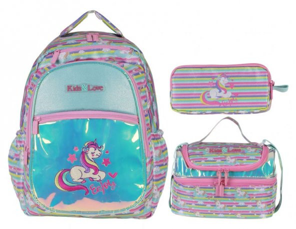 Kaukko Kids&Love Turkuaz-Pembe Unicorn İlkokul Çanta Seti - Kız Çocuk - Parlak