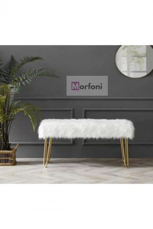 Morfoni Puf & Benç 33 Cm-GOLD Metal Ayak Dökülmez Peluş BEYAZ - 2