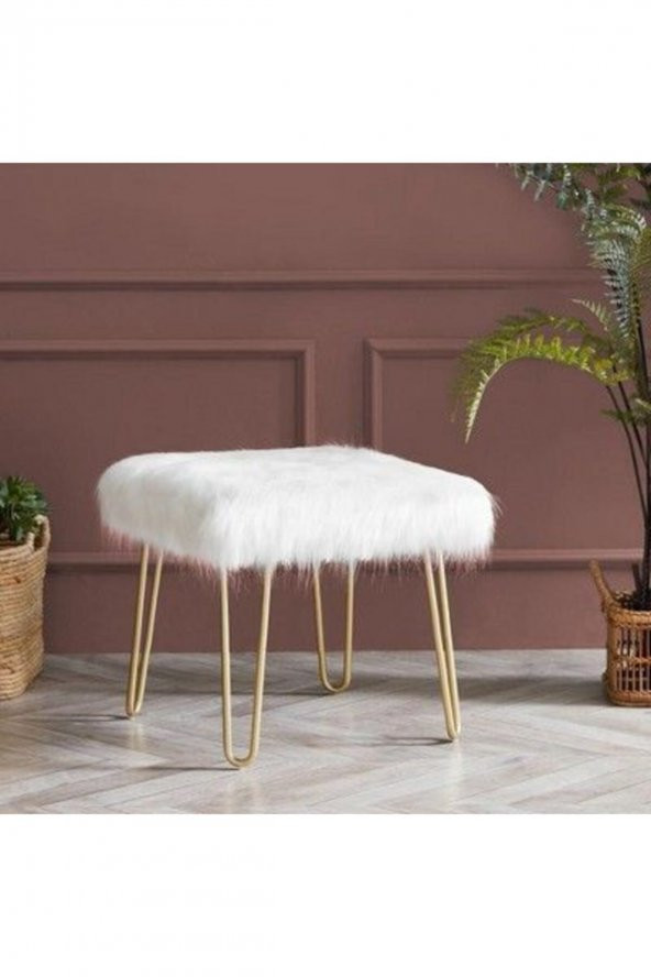 Okkored Puf & Benç 45*45-Gold Ayak Dökülmez Peluş Beyaz K1