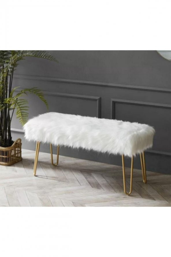 Morfoni Puf & Benç 45*100-Gold Ayak Dökülmez Peluş Beyaz