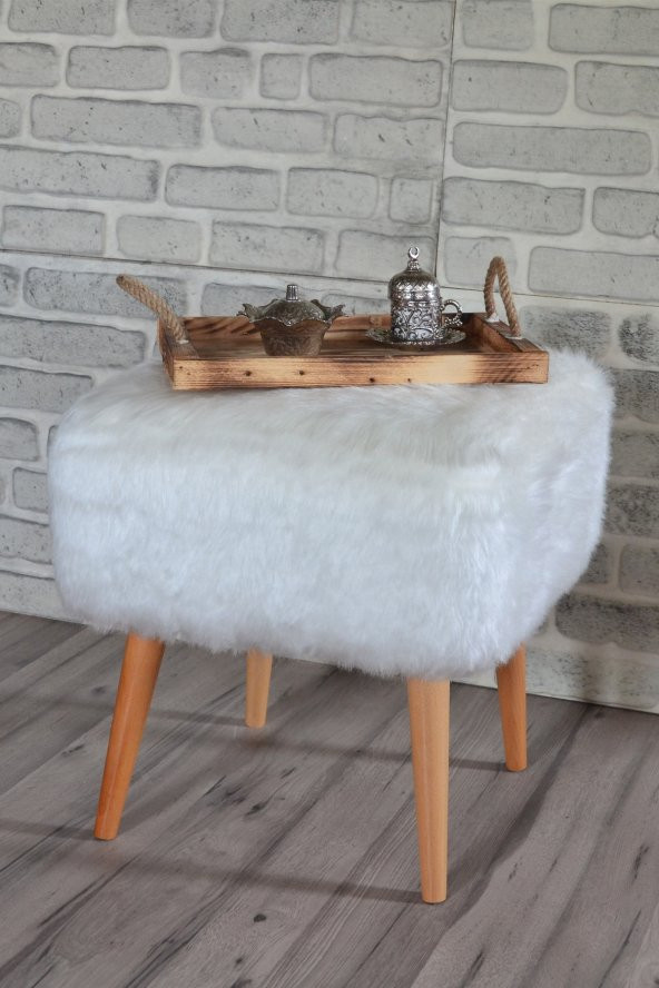 Sanal Mobilya Puf & Benç 45*45-Ahşap Ayak Dökülmez Peluş Beyaz