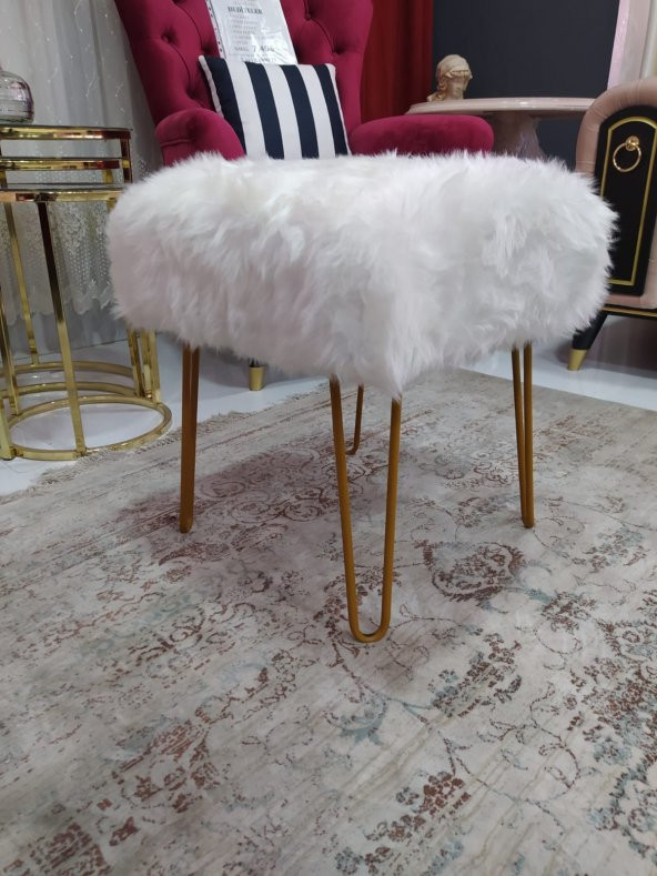 Ünüvar Konsept Puf & Benç 45*45-Gold Ayak Dökülmez Peluş Beyaz K1 - 2