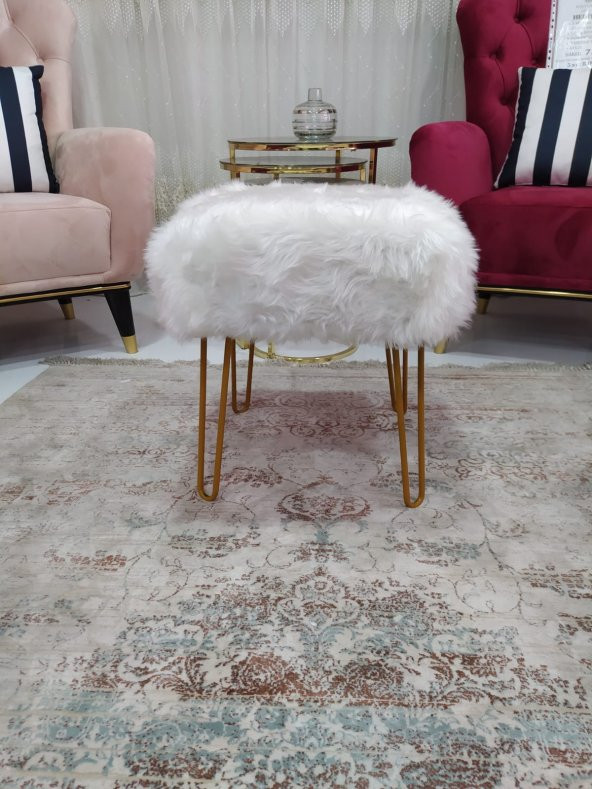 Ünüvar Konsept Puf & Benç 45*45-Gold Ayak Dökülmez Peluş Beyaz K1