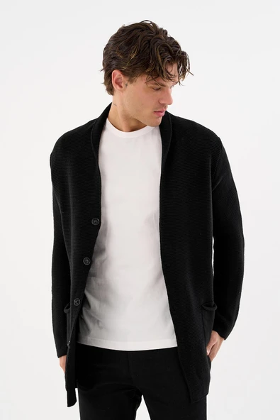 Erkek Regular Fit Çıtçıtlı Cepli Örme Uzun Triko Hırka - 5