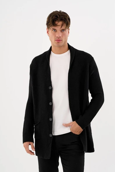 Erkek Regular Fit Çıtçıtlı Cepli Örme Uzun Triko Hırka