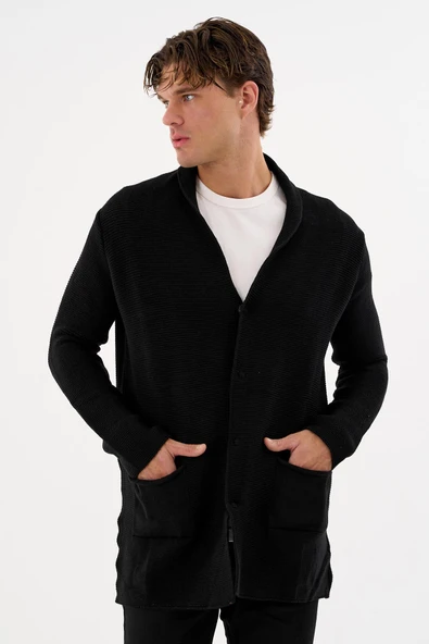 Erkek Regular Fit Çıtçıtlı Cepli Örme Uzun Triko Hırka - 2