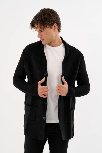 Erkek Regular Fit Çıtçıtlı Cepli Örme Uzun Triko Hırka - 4